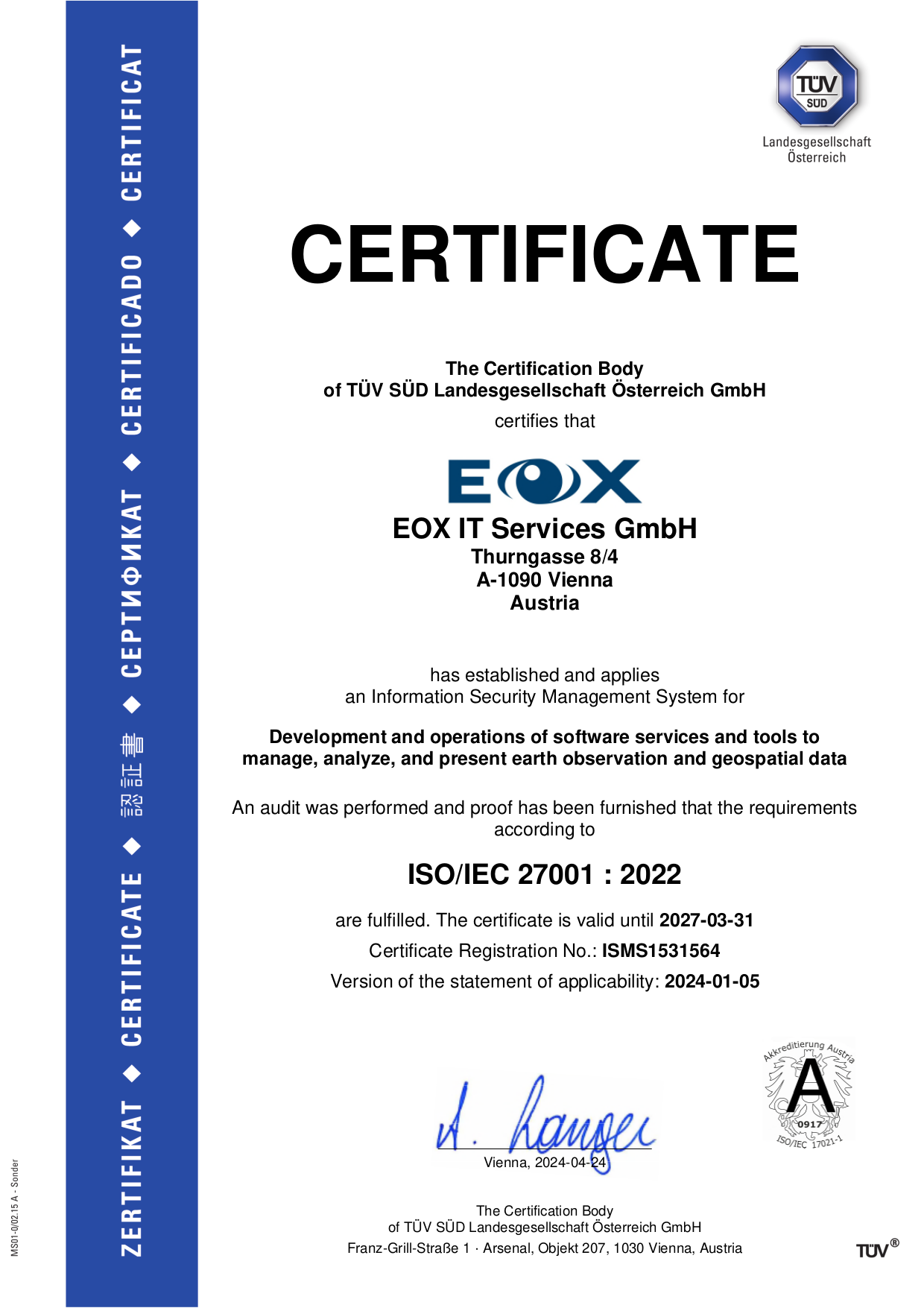 EOX IT Services GmbH; ISO-27001:2022 certificate english